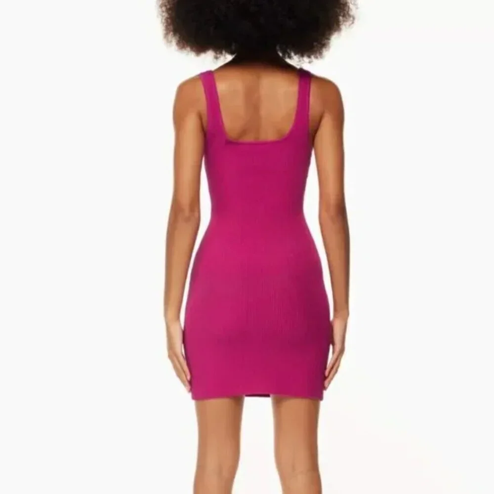 Aritzia Babaton Sculpt Knit Squareneck Ribbed Mini Dress Fushia Pink Size Small